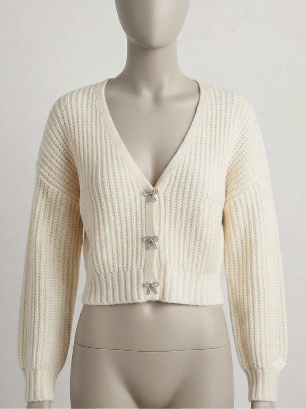 NWT Pink Rose Cream Bow V-Neck Knit Cardigan Sweater Women’s Large